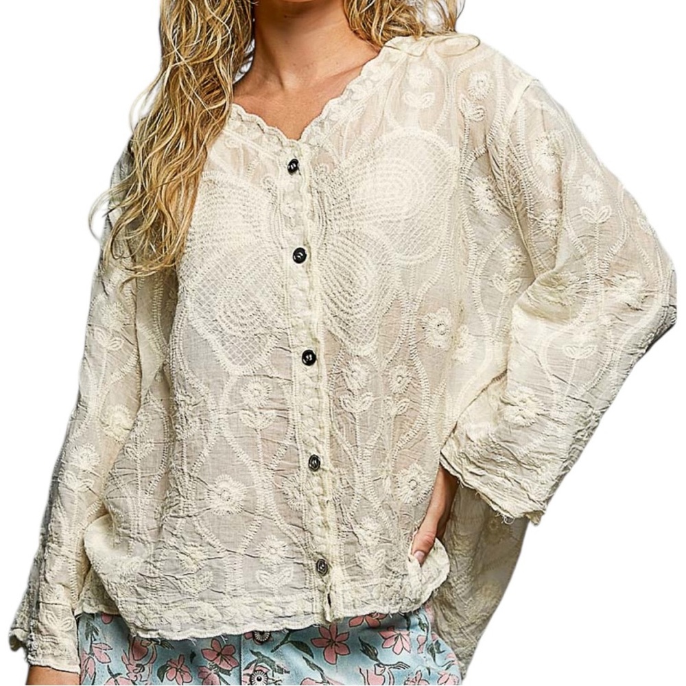 POL Cream Embroidered Button-Front Blouse